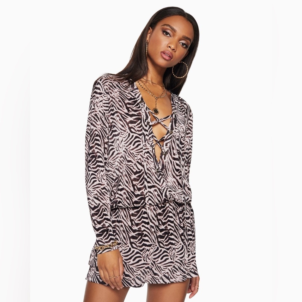 Ramy Brook May Pleated Knit Cream Raisin Zebra Print V-Neck Mini Dress EUC Sz M